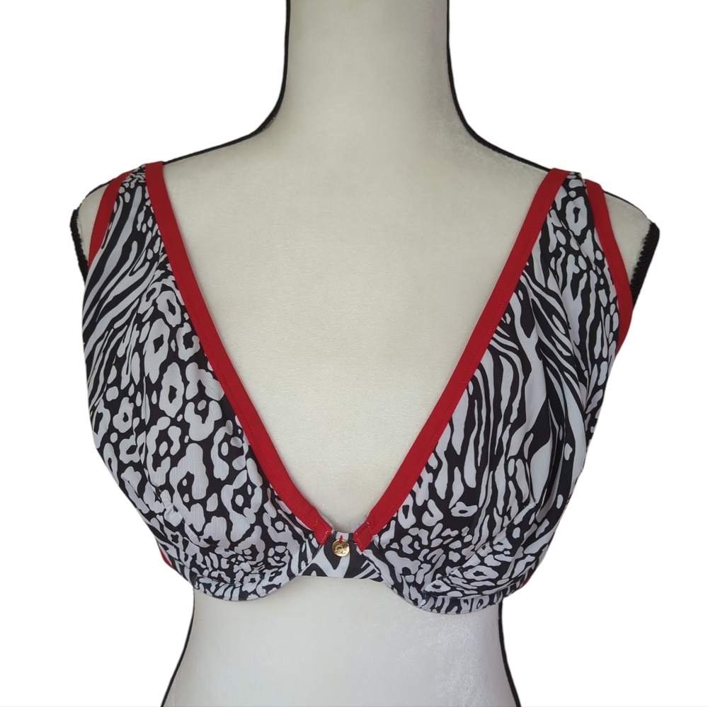 Cacique Underwire Unlined High Apex Plunge Bra 38F Wild Animal Print Red Black